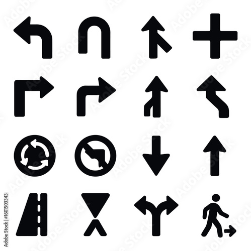 Direction silhouette icon set. containing arrows, turns, intersection, pedestrian, street signs, and more.