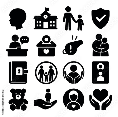 Education silhouette icon set. includes school, student, teacher, parent, family, security, and more.