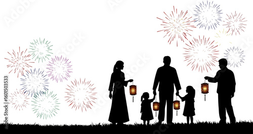Family Watching Fireworks Silhouette with Lanterns