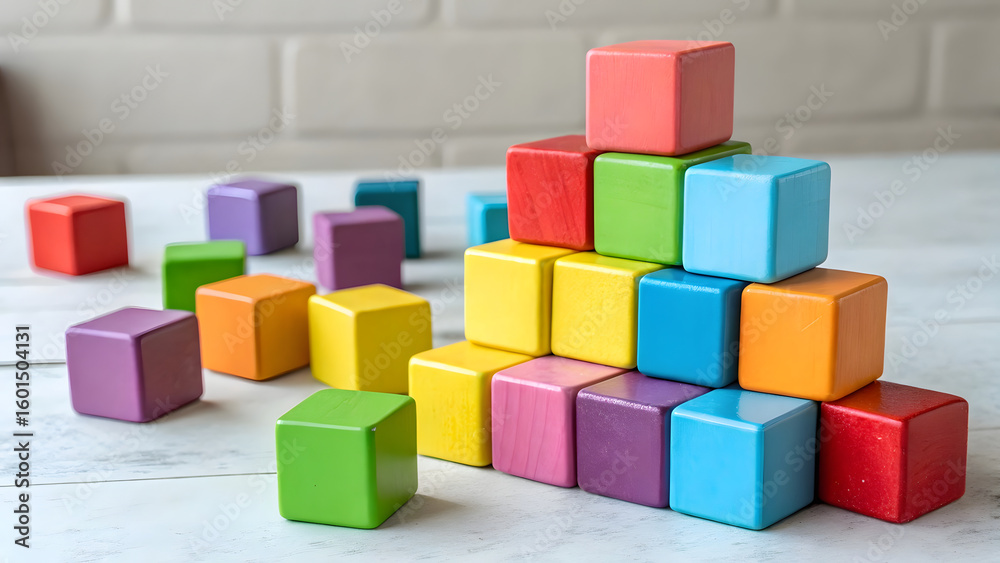 Obraz premium A vibrant collection of blocks in various colors, neatly arranged or playfully scattered to showcase their diversity and cheerful design