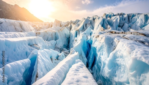 Icy Glacier Landscape at Sunrise with Crevasses and Mountain Peaks