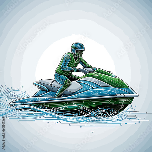 A person riding a jet ski on water, depicted with a circuit board pattern and stylized waves.