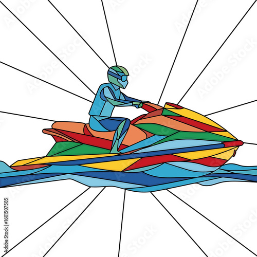 Geometric illustration of a person riding a colorful jet ski on water, wearing a helmet and goggles, with radial lines extending outwards.
