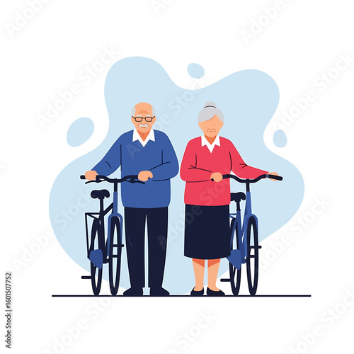 Elderly couple stands together, holding bicycles, against a light blue abstract background, representing active retirement and healthy lifestyle.