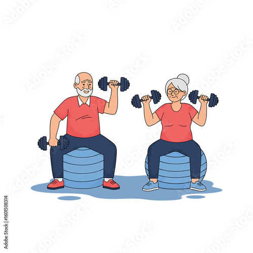 An elderly couple, a man and a woman, are exercising with dumbbells while seated on blue exercise balls.