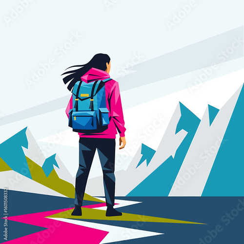 A woman with a backpack stands on a path, looking towards stylized mountains in a bright, colorful landscape.