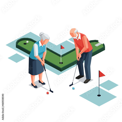 Isometric illustration of an elderly couple playing miniature golf on a green course with flags and holes.