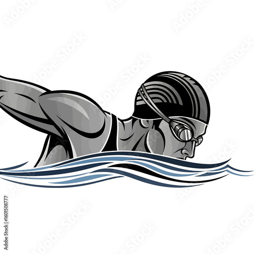 Illustration of a swimmer wearing a cap and goggles, swimming freestyle in blue water waves.