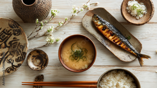 A top view of a japanese meal with grilled fish miso soup and rice on a wooden surface with chopsticks