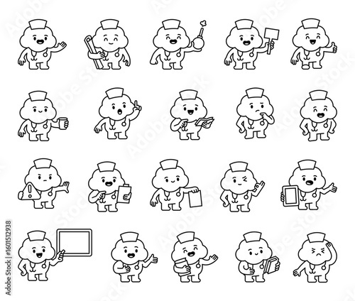 Cloud guide character set nurse hat and stethoscope with different medical gestures and poses for hospital education, training, and healthcare support themes for your illustration and designs projects