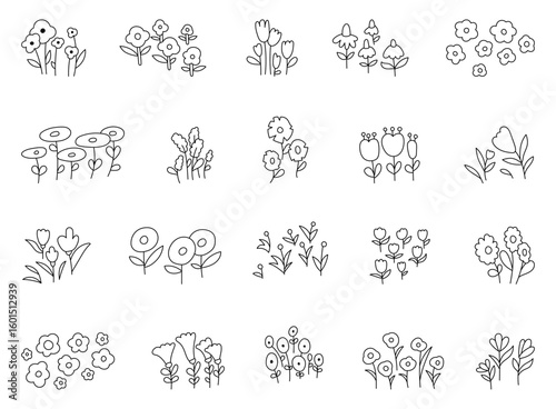 Flower meadow set in outline line art includes blooming elements and decorative foliage designed to enhance botanical illustrations and natural themed creative design projects
