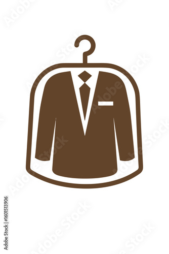 Minimalist icon of a business suit in garment bag on hanger, brown vector style, dry cleaning and wardrobe organization concept

