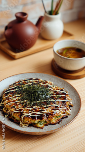 A close up of okonomiyaki on a plate with a tea pot and soup on a wooden table top setting