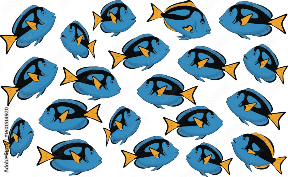 Naklejka premium Animated blue tang fish pattern for ocean themed designs and decorative digital projects