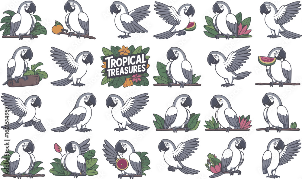 Fototapeta premium Adorable collection of cartoon macaw parrots with tropical elements and design accents