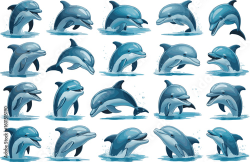 Artistic vector illustration of swimming and playing dolphins in the blue ocean waters