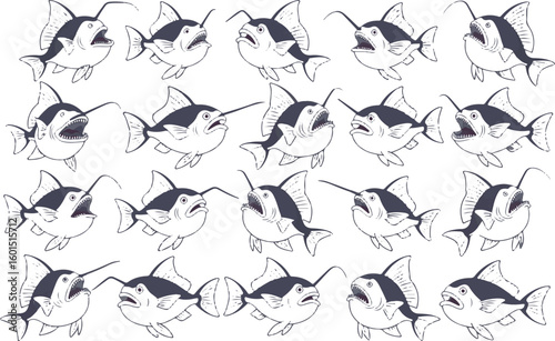 Cartoon anglerfish pattern illustration showing diverse expressions and underwater creature themes