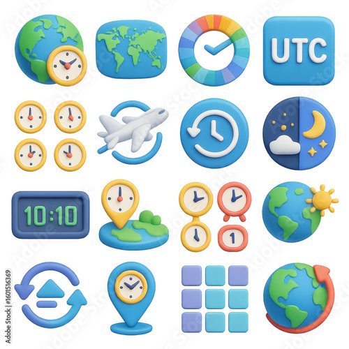 Time and world 3d icon set. featuring clock, globe, airplane, timezone, daylight, and schedule.