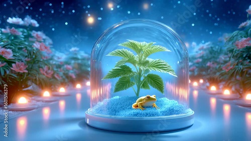Captivating Glass Dome with Green Plant and Yellow Frog in Ethereal Blue and Pink Lighting
