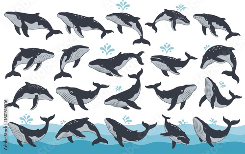 Collection of stylized hand drawn whales swimming and playing in the ocean waves