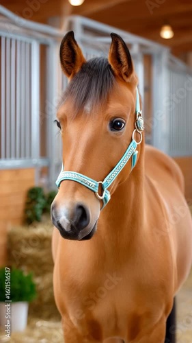 Close-Up of a Beautiful Chestnut Horse with a Blue Halter in a Cozy Stable Environment Surrounded by Hay and Greenery