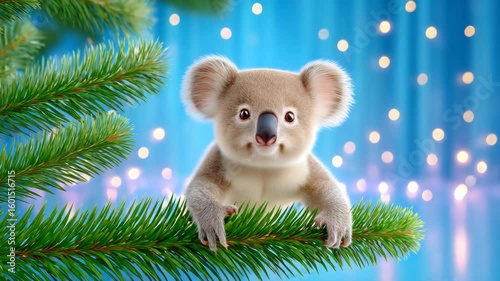 Playful Koala Clinging to a Pine Branch with a Warm Background of Bokeh Lights in a Festive Atmosphere