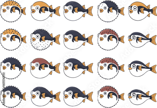 Colorful cartoon puffer fish swimming in the ocean with diverse textures and patterns