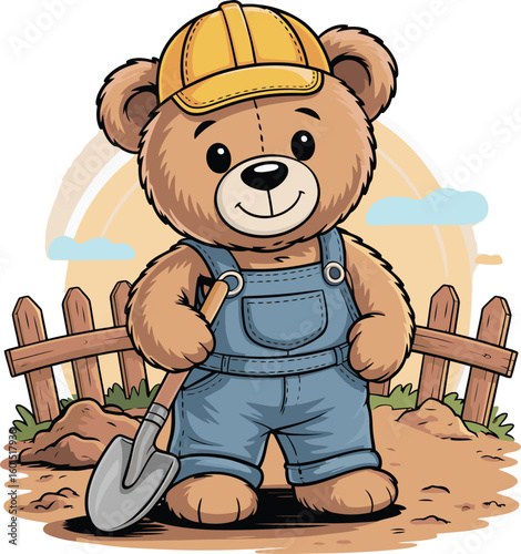 Teddy bear standing with shovel and wearing labour dress. t-shirt design for dtf