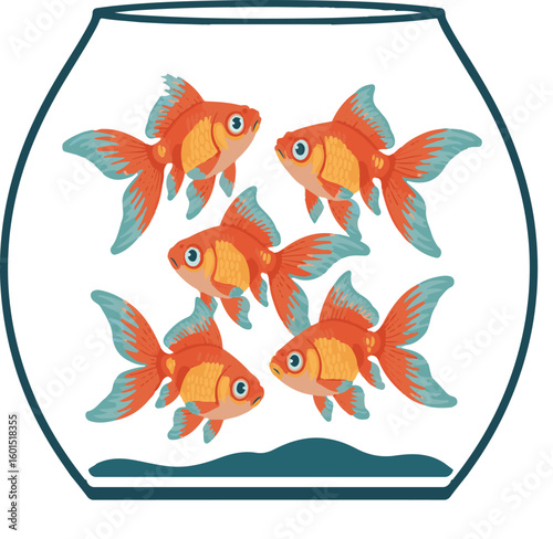 Five orange goldfish swimming happily inside a round fishbowl with clear water