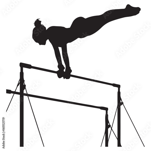 A gymnast performing a handstand on uneven bars isolated on white background