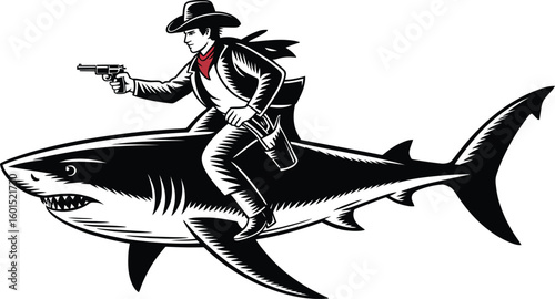 Vector image of a cowboy riding a shark and pointing a gun on white background