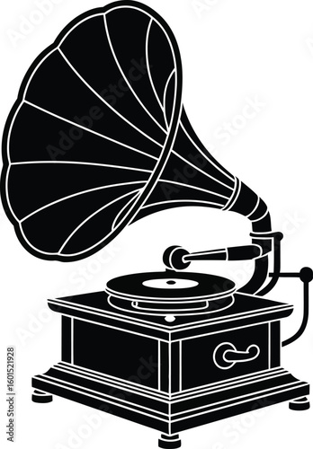 A black and white illustration of a vintage gramophone on a white background