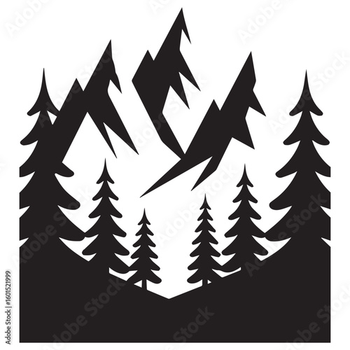 A mountain landscape with pine trees in a forest