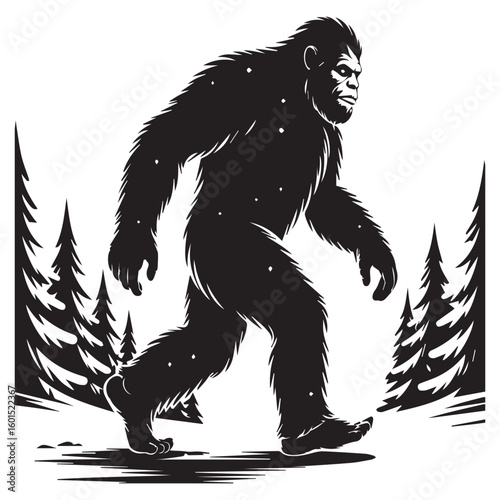 A silhouette of bigfoot walking through the forest isolated on white background