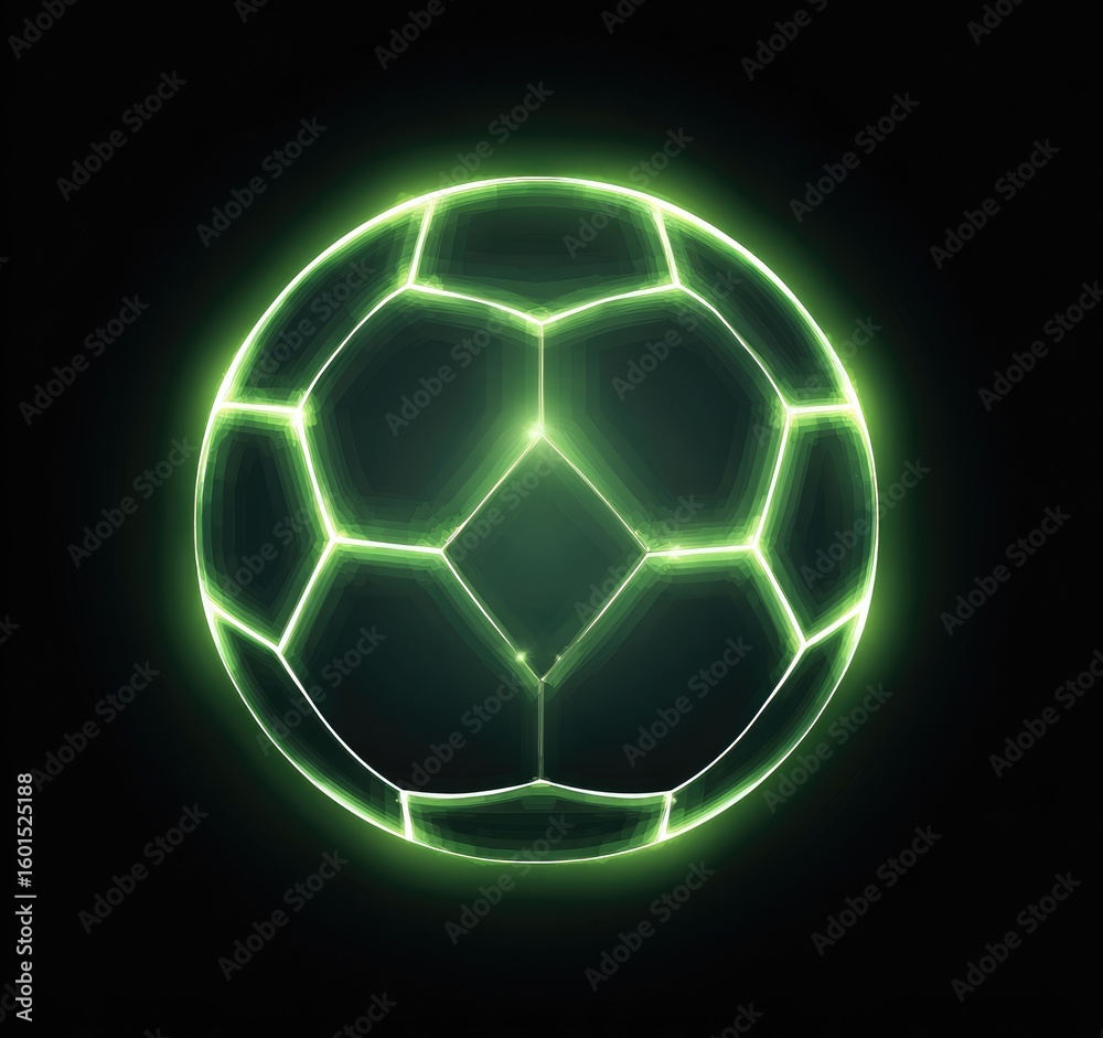 Naklejka premium A glowing green soccer ball, outlined in bright neon, sits against a pitch-black background; its panels subtly textured