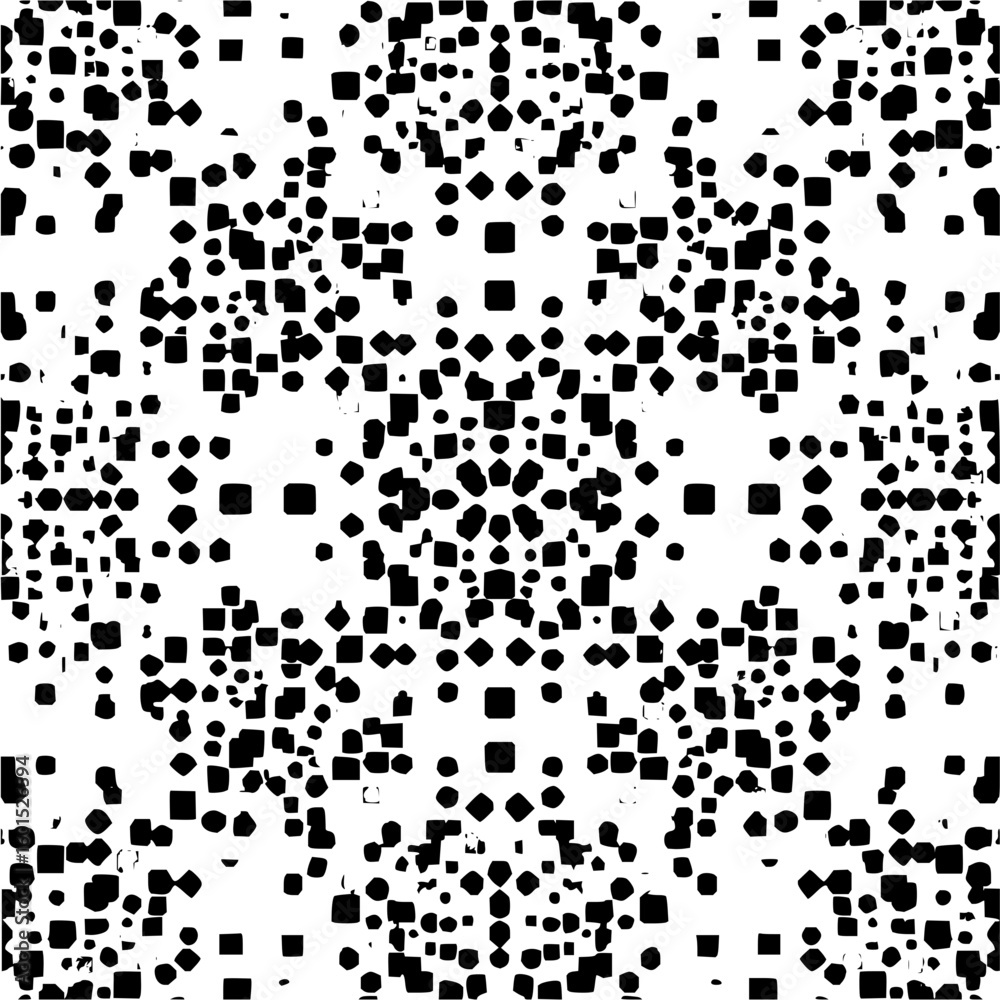 An abstract pattern of black squares and circles arranged symmetrically on a white background creating a design An abstract pattern of black squares and circles arranged symmetrically on a white background creating a design