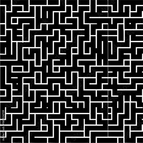 A black and white maze pattern with intricate pathways and a complex geometric arrangement design element