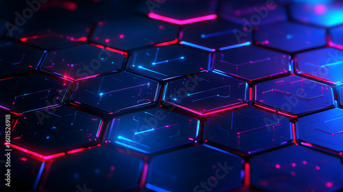 Futuristic hexagonal pattern with glowing blue and red lights creates dynamic and modern technology background. abstract design evokes sense of innovation and digital advancement
