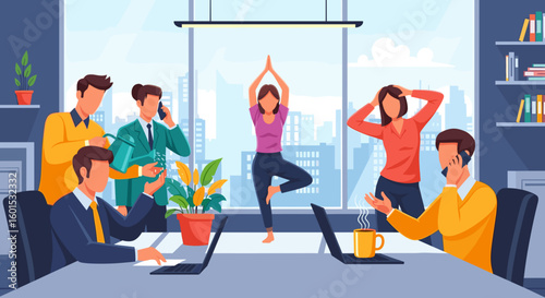 Modern office workers balancing work and wellbeing: yoga, phone calls, and teamwork. Ideal for presentations on work-life balance.