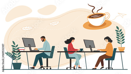 Teamwork in a modern office: Illustration of colleagues working on computers with a cup of coffee, perfect for a blog post about remote work or productivity.