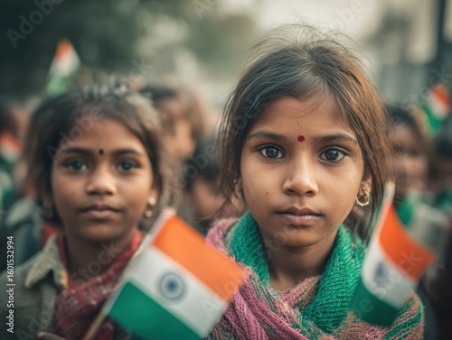 Two adorable Indian girls proudly display their national flags during a celebration, creating a heartwarming portrait on transparent background
