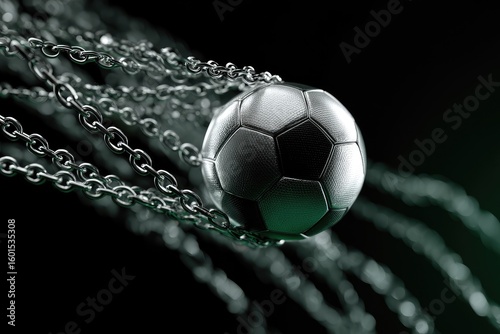 A metallic soccer ball hangs suspended, entangled within numerous heavy, dark chains against a black background with a subtle teal undertone