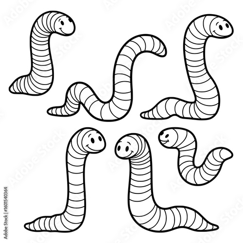 This vector illustration presents six black and white cartoon worms with friendly faces, depicted in various wriggling and curved poses, ideal for a playful design.