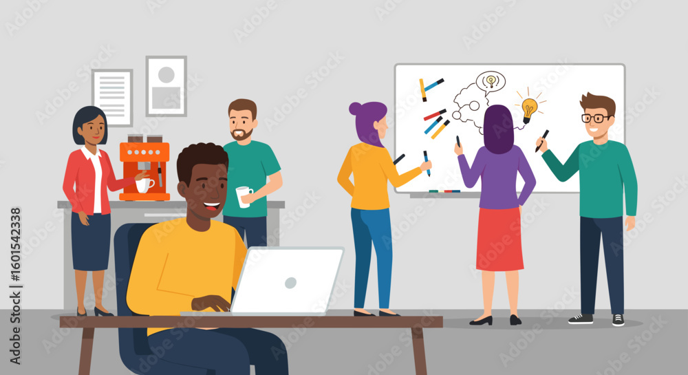 Obraz premium Diverse team brainstorming on whiteboard, perfect for website landing pages or marketing brochures.