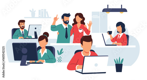 Happy diverse team working together in a modern office, perfect for teamwork and collaboration marketing materials.
