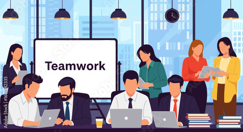 Diverse business team collaborating in modern office, perfect for website landing pages or brochures.