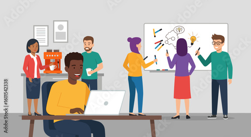 Diverse team brainstorming on whiteboard, perfect for website landing pages or marketing brochures.