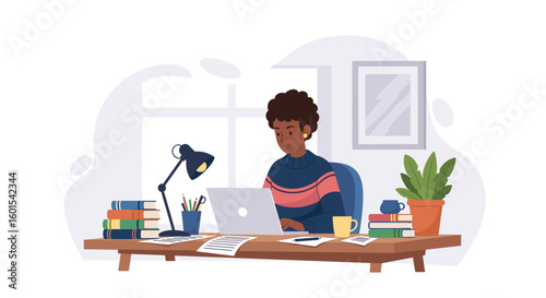 Woman working from home on laptop, perfect for blog posts about remote work or freelance lifestyle.