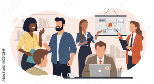 Diverse team brainstorming ideas during a business meeting. Perfect for landing pages, brochures, or presentations about teamwork and collaboration.