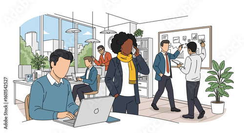 Diverse team collaborating in a modern office, perfect for illustrating teamwork and business success on a website or brochure.